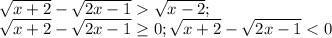 \sqrt{x+2}-\sqrt{2x-1}\sqrt{x-2} ;\\\sqrt{x+2}-\sqrt{2x-1}\geq 0;\sqrt{x+2}-\sqrt{2x-1}