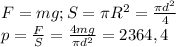F=mg; S=\pi R^2=\frac{\pi d^2}{4} \\p=\frac{F}{S}=\frac{4mg}{\pi d^2}=2364,4