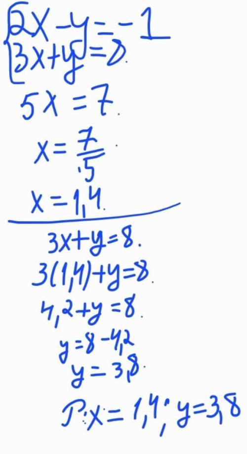 Реши систему уравнений. {2x-y=−1 {3x+y=8 (;). ответить!
