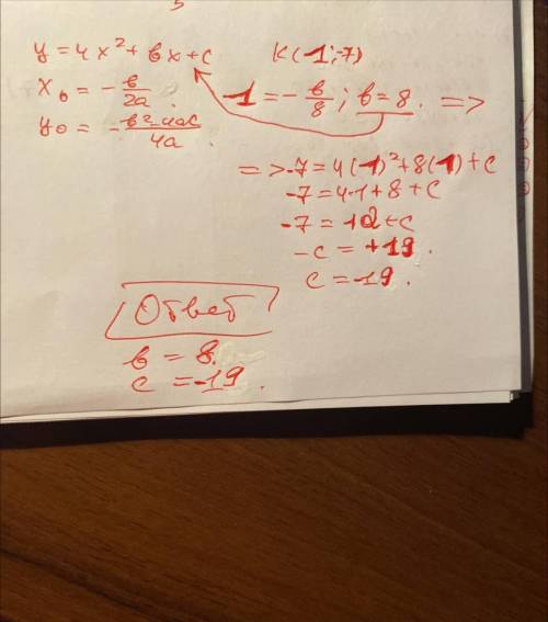 При яких значенях b і c точка k(1;-7) є вершиною параболи y=4x²+bx+c