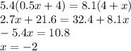 5.4(0.5x + 4) = 8.1(4 + x) \\ 2.7x + 21.6 = 32.4 + 8.1x \\ - 5.4x = 10.8 \\ x = - 2