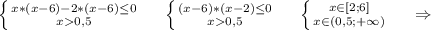 \left \{ {{x*(x-6)-2*(x-6)\leq 0} \atop {x0,5}} \right.\ \ \ \ \left \{ {{(x-6)*(x-2)\leq 0} \atop {x0,5}} \right. \ \ \ \ \left \{ {{x\in[2;6]} \atop {x\in(0,5;+\infty)}} \right. \ \ \ \ \Rightarrow\\