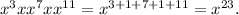 x^3xx^7xx^{11} = x^{3+1+7+1+11} = x^{23}.