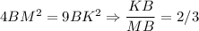 4BM^2 = 9BK^2 \Rightarrow \dfrac{KB}{MB} = 2/3
