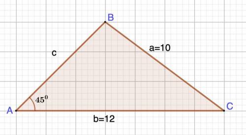 а=10, в=12, угол А=45°. Найти сторону с, угол В, угол С используя теорему катетов и синусов. (распиш