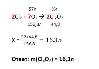 Какой объем Cl2O7 выделится при взаимодействии хлора с 57 л кислорода? Cl2 + O2 → Cl2O7очень надо