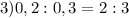 3) 0,2:0,3=2:3