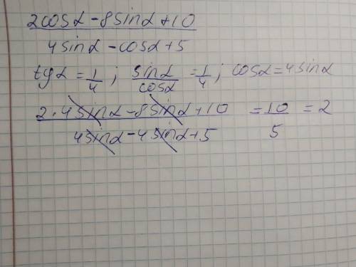 2cos(a)-8sin(a)+10/4sin(a)-cos(a)+5=найти значение, если tg(a)=0.25
