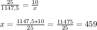 \frac{25}{1147,5}= \frac{10}{x} \\&#10;\\&#10;x= \frac{1147,5*10}{25}= \frac{11475}{25}=459