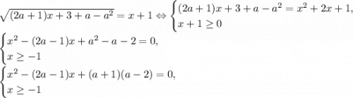 \sqrt{(2a+1)x+3+a-a^2}=x+1\Leftrightarrow\begin{cases}(2a+1)x+3+a-a^2=x^2+2x+1,\\x+1\geq0\end{cases}\\&#10;\begin{cases}x^2-(2a-1)x+a^2-a-2=0,\\x\geq -1\end{cases}\\&#10;\begin{cases}x^2-(2a-1)x+(a+1)(a-2)=0,\\x\geq-1\end{cases}