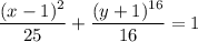 \displaystyle \frac{(x-1)^{2} }{25} +\frac{(y+1)^{16} }{16} =1