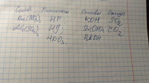 Распределить вещества на соли, кислоты, основание, оксид (на фото)