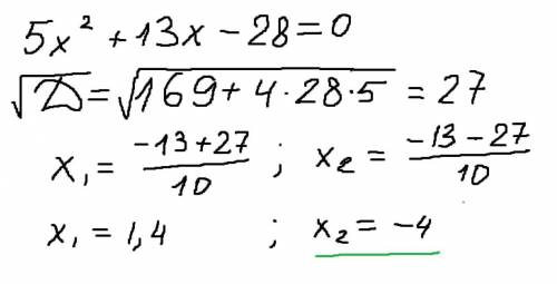 Найдите наименьший корень уравнения 5x²+13x-28=0