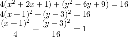 4(x^2+2x+1)+(y^2-6y+9)=16\\&#10;4(x+1)^2+(y-3)^2=16\\&#10;\dfrac{(x+1)^2}{4}+\dfrac{(y-3)^2}{16}=1