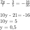 \frac{2y}{7} -\frac{3}{5} =-\frac{16}{35} \\&#10;&#10;10y - 21= -16\\&#10;10y = 5\\&#10;y = 0,5
