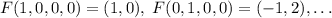F(1,0,0,0) = (1,0),\; F(0,1,0,0) = (-1,2),\ldots