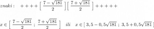 znaki:\ \ \ \Big[\ \dfrac{7-\sqrt{181}}{2}\ \Big]\Big[\ \dfrac{7+\sqrt{181}}{2}\ \Big]x\in \Big[\ \dfrac{7-\sqrt{181}}{2}\ ;\ \dfrac{7+\sqrt{181}}{2}\ \Big]\quad ili\quad x\in [\ 3,5-0,5\sqrt{181}\ ;\ 3,5+0,5\sqrt{181}\ ]