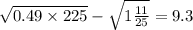 \sqrt{0.49 \times 225} - \sqrt{1 \frac{11}{25} } = 9.3
