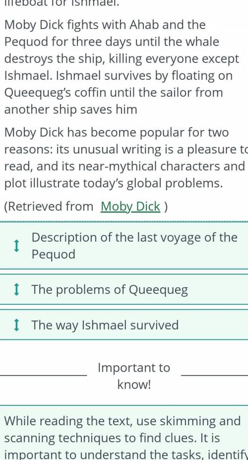 I Description of the last voyage of the Pequod I The problems of Queequeg I The way Ishmael survived