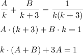 \dfrac{A}{k}+\dfrac{B}{k+3}=\dfrac{1}{k(k+3)}&#10;A\cdot(k+3)+B\cdot k=1&#10;k\cdot(A+B)+3A=1