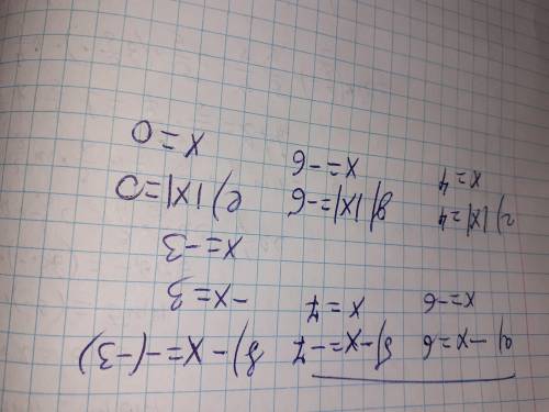 66 3) Розв'яжіть рівняння: а)-x = 6; 6) -x = -7; в) -x = -(-3);г) |x| = 4; д) |x| =-6; е) |x| = 0.У