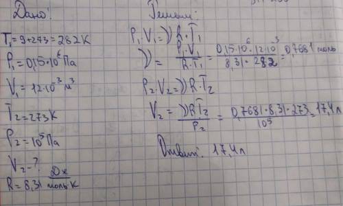 объём воздуха при температуре 9 градусов Цельсия и давлении 0,15 МПа равен 12 л. Каково значение объ