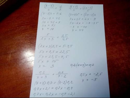 Найдите неизвестное число x из пропорции 1) x-3/6=7/3 2) x+7/3=2x-3/5 3) 5/28+3=2,5/4,5 4) 0,2/x+3=0