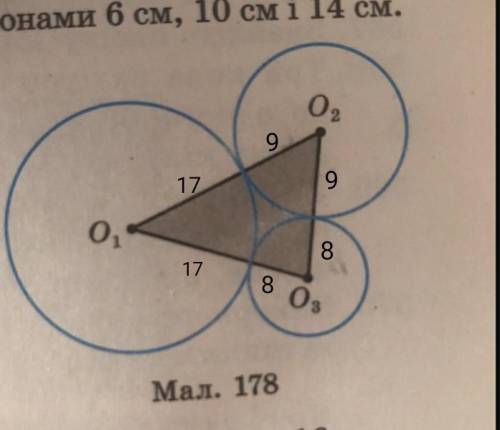 Три кола радіусів 8,9,17 см попарно дотикаються одне до одного зовні ( мал. 178). Знайдіть площу три