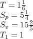 T=1\frac{1}{6}\\S_p=5\frac{1}{4}\\S_v=15\frac{2}{5}\\T_1=1
