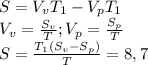 S=V_vT_1-V_pT_1\\V_v=\frac{S_v}{T} ;V_p=\frac{S_p}{T} \\S=\frac{T_1(S_v-S_p)}{T}=8,7