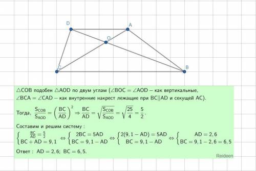 Дана трапеция ABCD с основаниями AD и BC. Пусть её диагонали пересекаются в точке О и соотношение пл