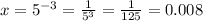 x = {5}^{ - 3} = \frac{1}{5 {}^{3} } = \frac{1}{125} = 0.008