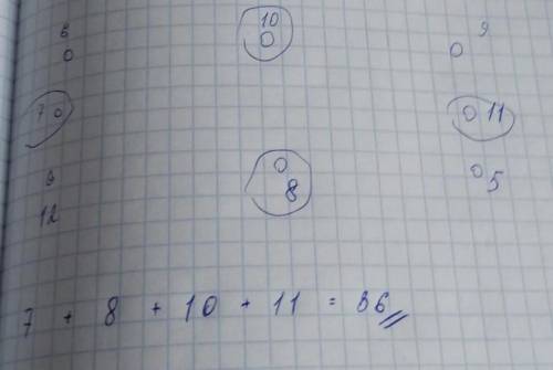 Учитель вписал числа 5,6,7,8,9,10,11,12 в кружочки. Если сумма чисел стоящих на каждой стороне квадр