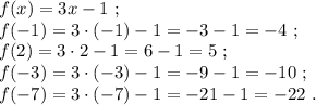 f(x)=3x-1~;\\f(-1)=3\cdot(-1)-1=-3-1=-4~;\\f(2)=3\cdot2-1=6-1=5~;\\f(-3)=3\cdot(-3)-1=-9-1=-10~;\\f(-7)=3\cdot(-7)-1=-21-1=-22~.