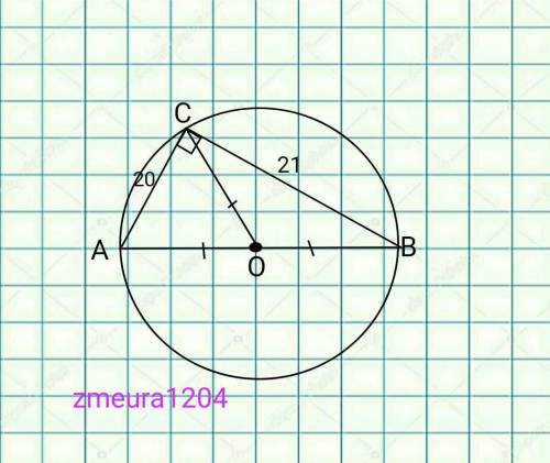 Прямоугольный треугольник ABC с прямым углом С вписан в окружность. Найдите радиус, если АС = 20см,