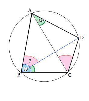 Четырехугольник ABCD вписан в окружность. Угол ABC=80, угол CAD=34. Найдите угол ABD