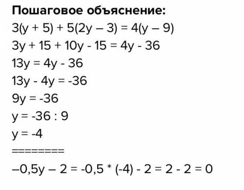 Найди корень уравнения 3(y + 5) + 5(2y – 3) = 4(y – 9)и вычисли значение выражения –0,5y – 2.