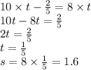 10 \times t - \frac{2}{5} = 8 \times t \\ 10t - 8t = \frac{2}{5} \\ 2t = \frac{2}{5} \\ t = \frac{1}{5} \\ s = 8 \times \frac{1}{5} = 1.6