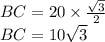 BC = 20 \times \frac{ \sqrt{3} }{2} \\BC = 10 \sqrt{3}