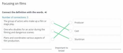 Focusing on films . Connect the definition with the words. Number of connections: 3 The group of act