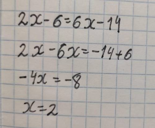Решите уравнение 2х-6=6х-14А) -2Б) 2В) -4Г) 4