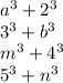 a {}^{3} + 2 {}^{3} \\ 3 {}^{3} + b {}^{3} \\ m {}^{3} + 4 {}^{3} \\ 5 {}^{3} + n {}^{3}