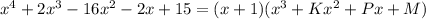 x^4+2x^3-16x^2-2x+15=(x+1)(x^3+Kx^2+Px+M)