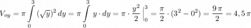 \displaystyle V_{oy}=\pi \int\limits_0^3\, (\sqrt{y})^2\, dy=\pi \int\limits_0^3\, y\cdot dy=\pi \cdot \frac{y^2}{2}\, \Big|_0^3=\frac{\pi}{2}\cdot (3^2-0^2)=\frac{9\, \pi }{2}=4,5\, \pi