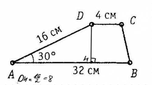 Найдите площадь трапеции со сторонами: AD=16, AB=32, CD=4угол А=30°