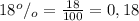 18^o/_o=\frac{18}{100}=0,18