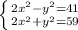 \left \{ {{2x^2-y^2=41} \atop {2x^2+y^2=59}} \right.