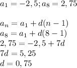 a_1=-2,5;a_8=2,75a_n=a_1+d(n-1)\\a_8=a_1+d(8-1)\\2,75=-2,5+7d\\7d=5,25\\d=0,75