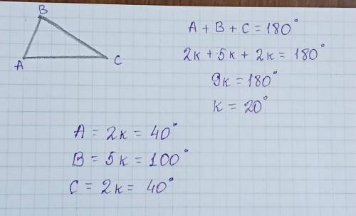Найти углы треугольника АВС, если <А: <В: <С= 2:5:2.
