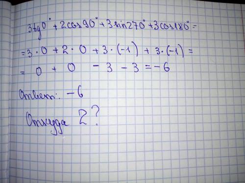 3tg0+2 cos90 + 3sin 270+3cos180 ответ=2 с решением